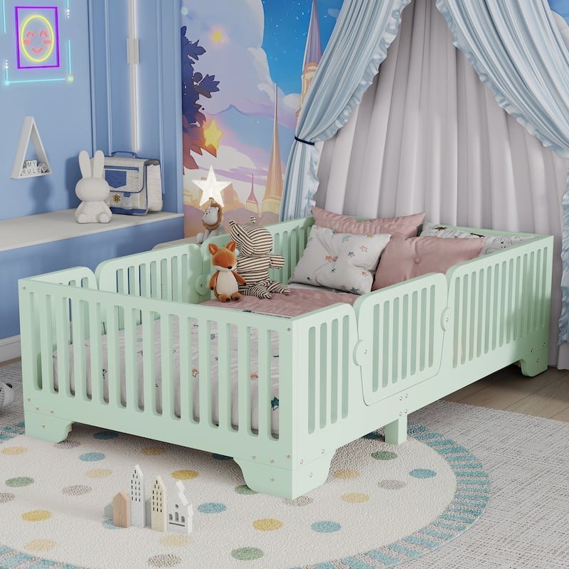 Kids Floor Bed with Safety Fence and Removable Door for Boys Girls - Green - Twin
