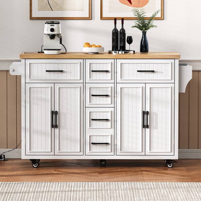 56.5'' Rubber Wood Kitchen Island with Drop Leaf, Power Outlet, Rolling Wheels, 5 Deep Drawers and Adjustable Shelves - White