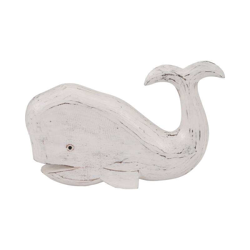 Handcrafted Wooden Whale Figurine Sculpture - 15", White - 15.0"