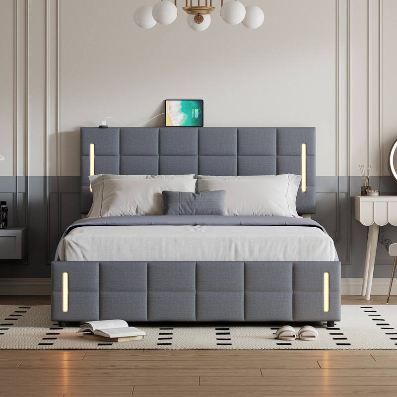 Queen Size Upholstered Platform Bed with Hydraulic Storage System and LED Light