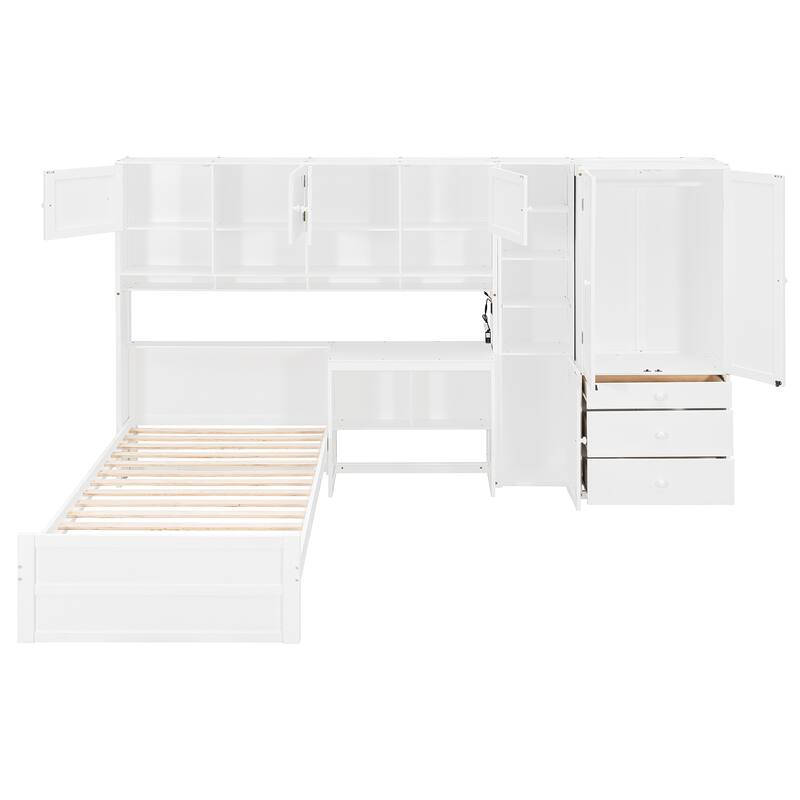 Roomfitters Wooden Twin Size Platform Bed with Integrated Desk, Wardrobe, and Multi-Level Storage Cabinets, LED Lighting