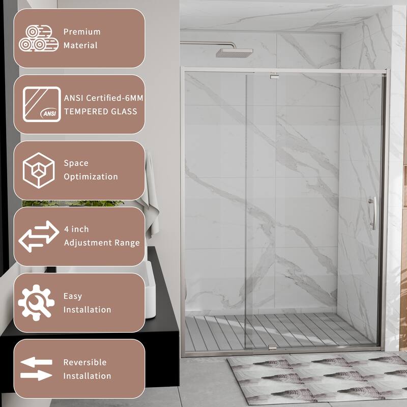 Modland 44-48"x71'' Adjustable Pivot Shower Door - Auto-Lift Hinge, Magnetic Seal, 6 Finishes for Uneven Walls - 48''x 71''