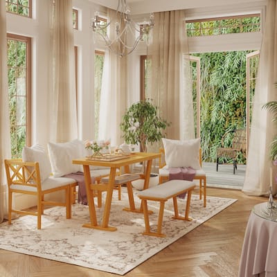 6-Piece Modular Farmhouse Dining Set – Natural Wood Table with Cream Upholstered Chairs, Modern Rustic Ensemble