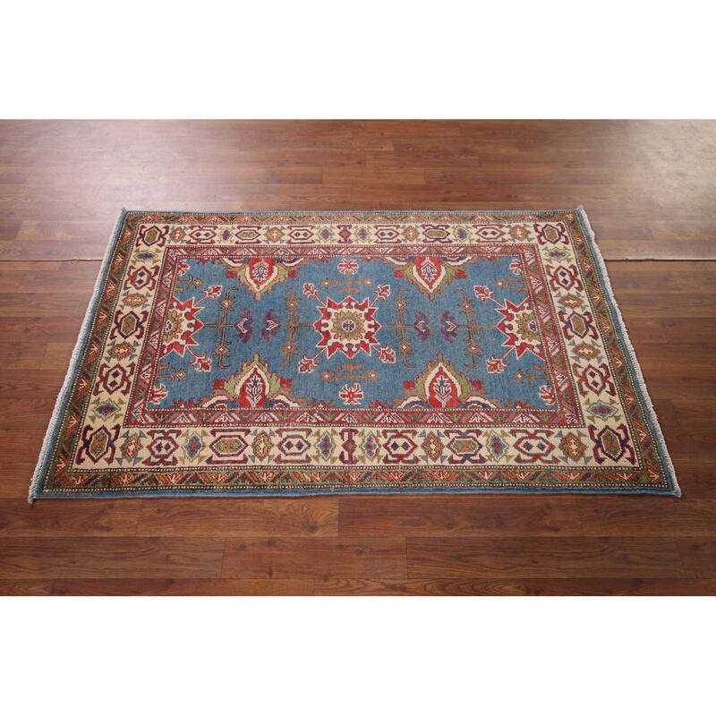 Blue Geometric Kazak Oriental Foyer Rug Handmade Wool Carpet - 2'11" x 4'11"