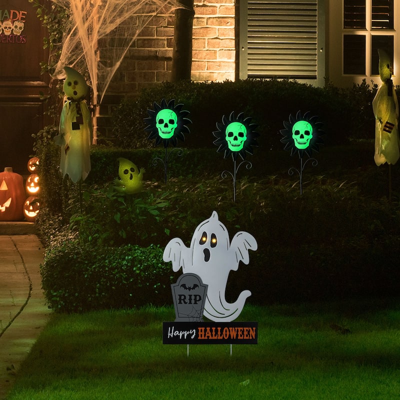 Glitzhome 32"H Lighted Halloween Metal Ghost Yard Stake Hanging Decor with Timer