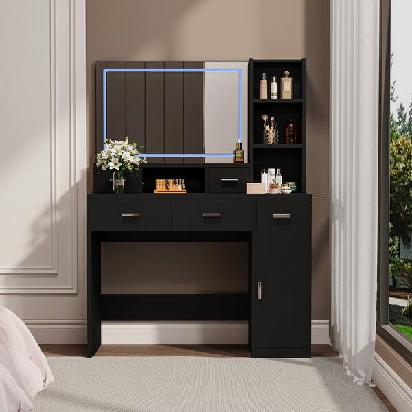 black dressing table with storage Wooden Twin Size Daybed with Storage Shelves, Multi-functional Bed with 2 Storage Drawers and Study Desk