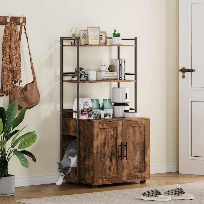 2-in-1 Hidden Cat Litter Box with 3 Shelves and Door