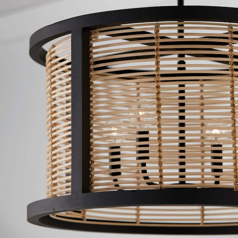 Rico 4-light Flat Black Pendant w/ Mango Wood & Rattan
