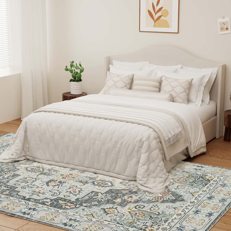 Non-Slip Machine Washable Grey Yellow Cream Multicolor Area Rug