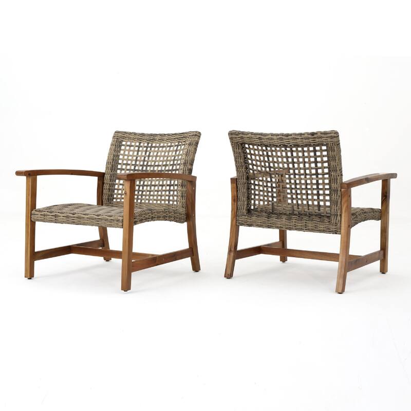 Bops Outdoor Accent Club Chair Set of 2, Brown Acacia Wood Gray Wicker