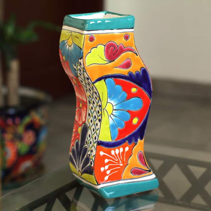 Novica Handmade Wavy Talavera Ceramic Vase