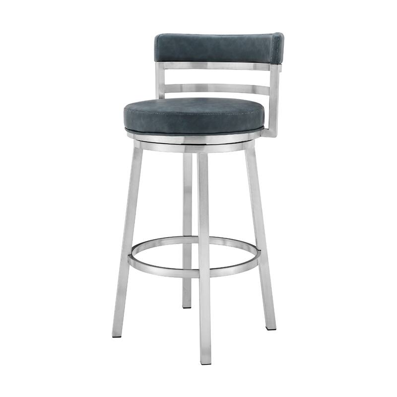 Blue Faux Leather Swivel Bar Chair with Silver Iron Frame, Bar Height and Footrest - 21” x 20” x 40” (D x W x H)