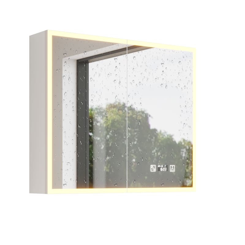 White MDF LED Bathroom Wall Cabinet with Mirror, 7 Shelves and USB - 31.5” x 6.1” x 27.6”