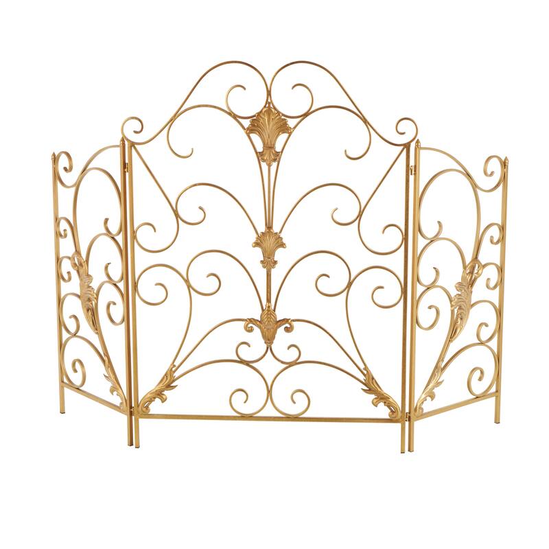 Gold Metal Foldable 3 Panel Scroll Living Room Fireplace Screen with Fleur De Lis Accents