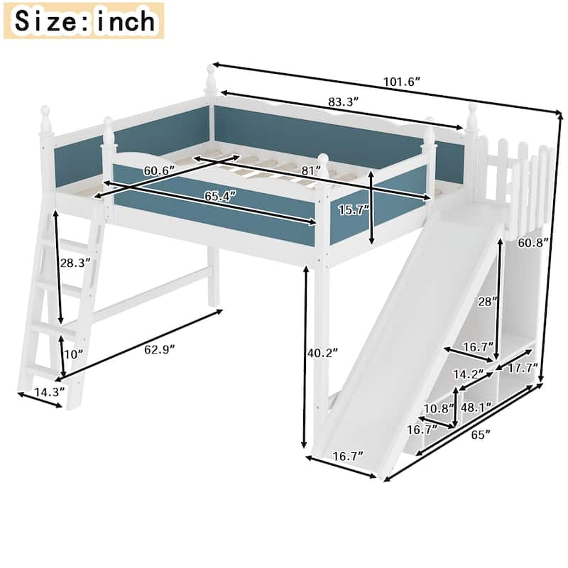 Queen Loft Bed with Storage Shelves and Wardrobe, Solid Wood Loft Beds with Detachable Slide and Ladders, No Spring Box Needed