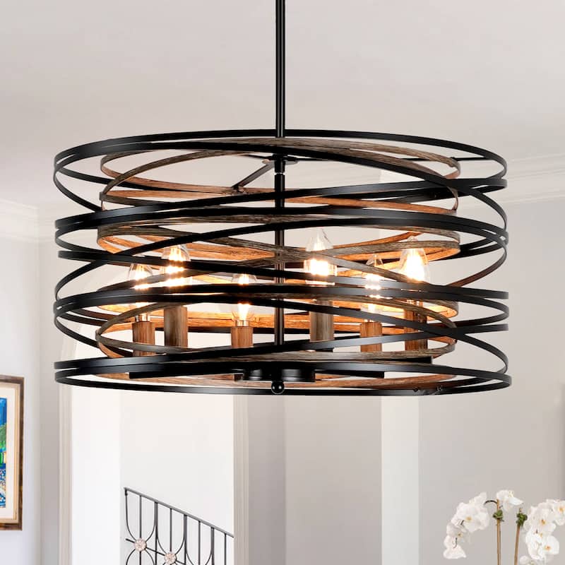 6-Light Modern Farmhouse Drum Pendant Black Metal Drum Chandelier - Black - 6-Light
