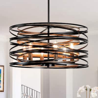 6-Light Modern Farmhouse Drum Pendant Black Metal Drum Chandelier