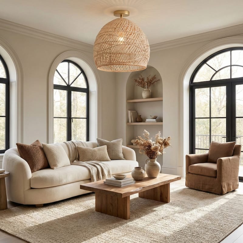 Santana Rattan Flush Mount - Rattan Brown 1-Light Handwoven Ceiling Light for Bedroom or Hallway in Modern, Mid-Century Style