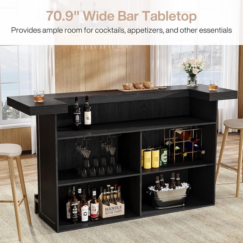4-Tier Wooden Bar Table, 70.9" Large Home Bar Unit with Storage Shelves for Home, Patio, Basement