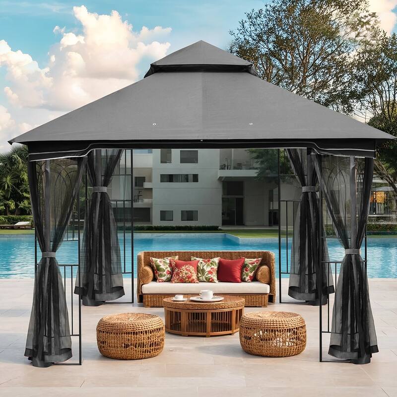 9'X9' Outdoor Steel Gazebo, Double Roof Patio Canopy with Netting, Curtains & Hanging Hooks for Backyard Deck Garden