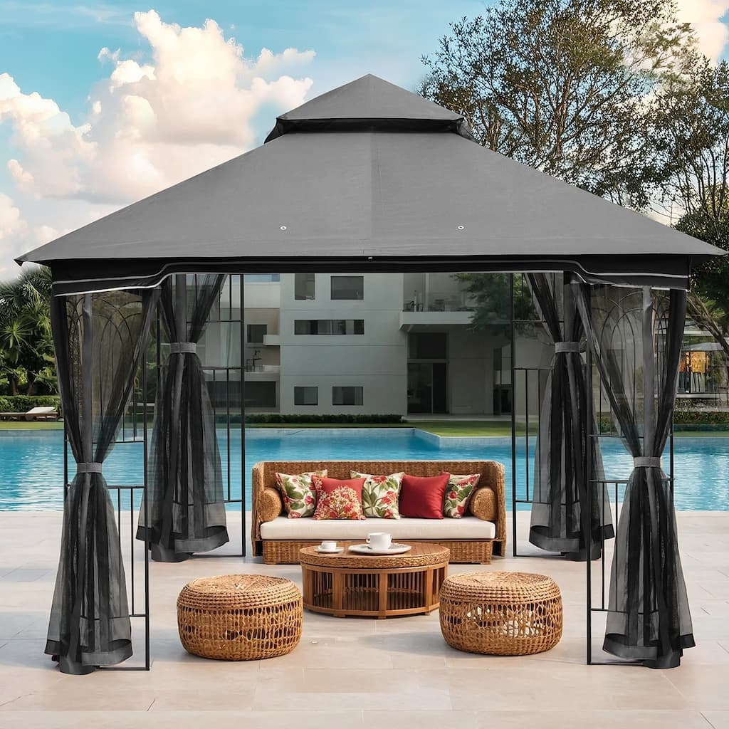 9'X9' Outdoor Steel Gazebo, Double Roof Patio Canopy with Netting, Curtains & Hanging Hooks for Backyard Deck Garden