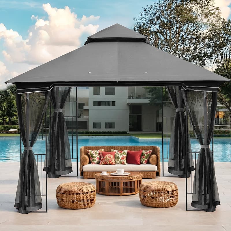 9'X9' Outdoor Steel Gazebo, Double Roof Patio Canopy with Netting, Curtains & Hanging Hooks for Backyard Deck Garden