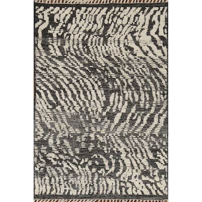 Black & White Moroccan Abstract Area Rug Hand-Knotted Wool Carpet - 4'0"x 6'2"