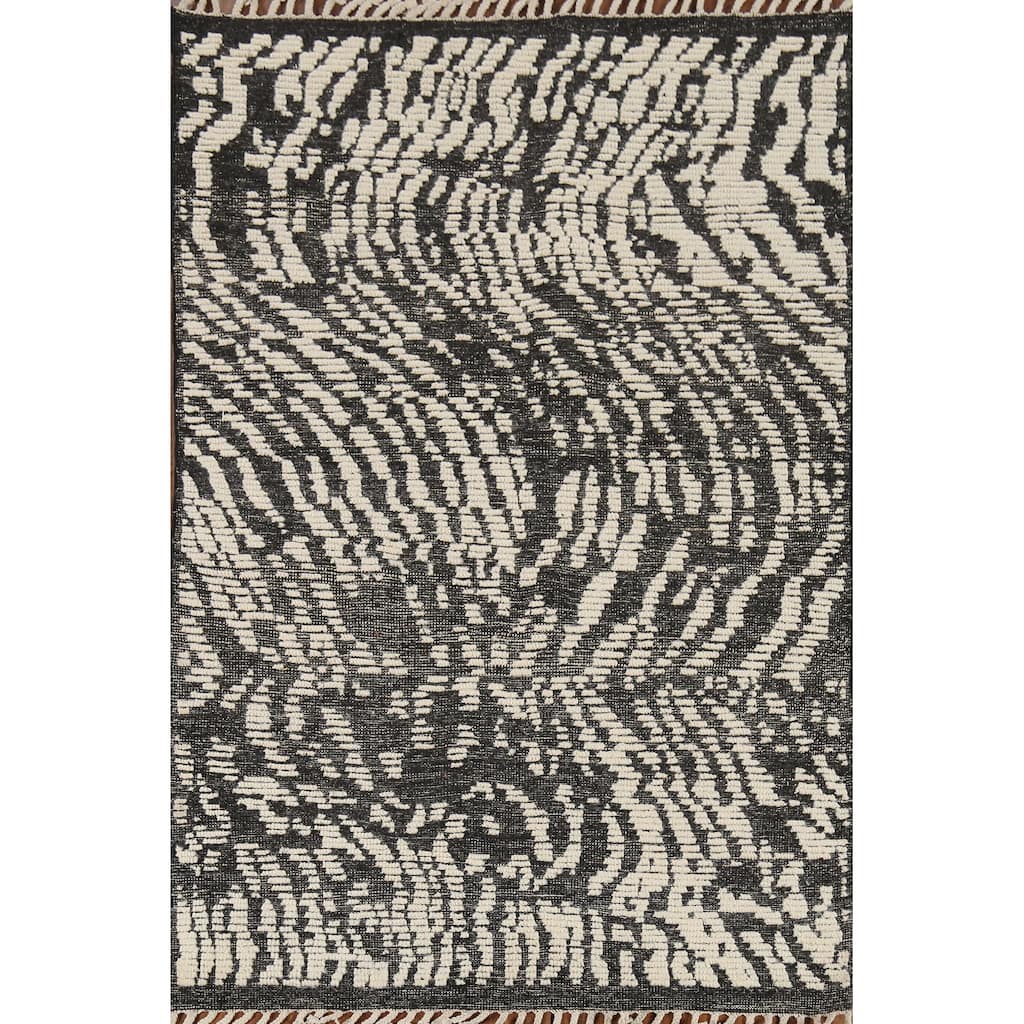 Black & White Moroccan Abstract Area Rug Hand-Knotted Wool Carpet - 4'0"x 6'2"