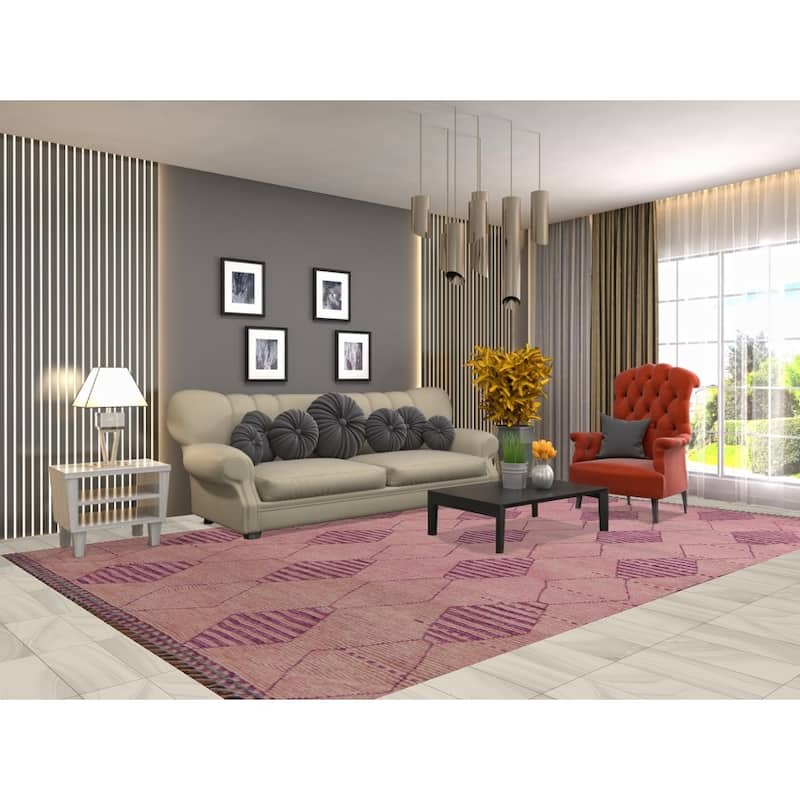 All-Over Pink Geometric Moroccan Area Rug Handmade Wool Carpet - 7'7"x 12'5"