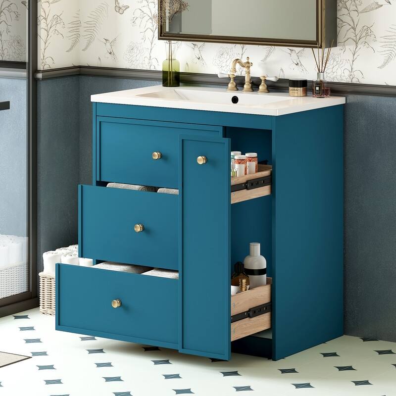 30'' Bathroom Vanity with Ceramic Sink Combo, Free Standing Single Vanity Set with Four Drawers, Modern Bathroom Storage Cabinet