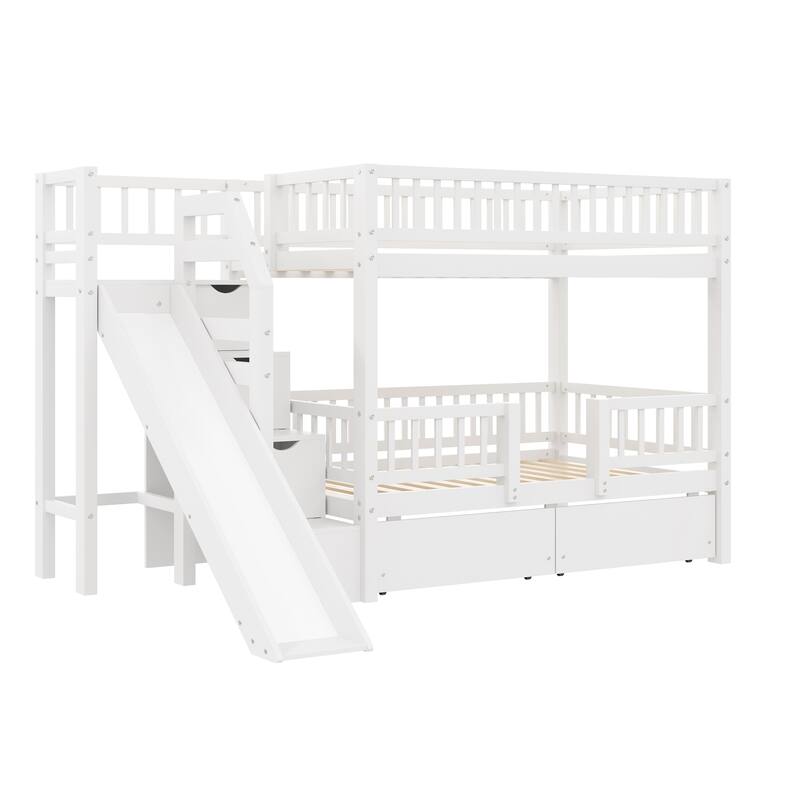 Twin Over Twin Bunk Bed with Storage Staircase, Slide and 2 Drawers