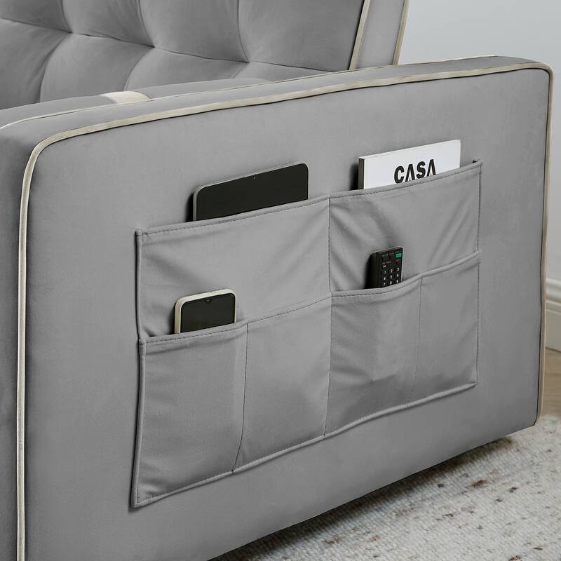 Velvet Sofa Bed with Adjustable Back and Storage Pockets, Multifunctional Sleeper Sofa