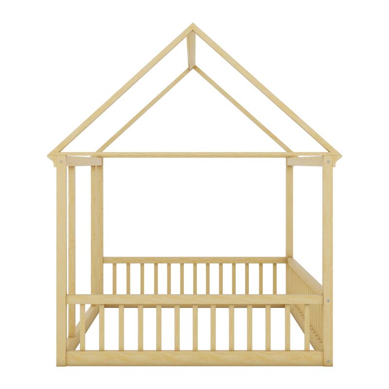 Full Size Pine Wood Floor Bed with House Roof & Guardrails