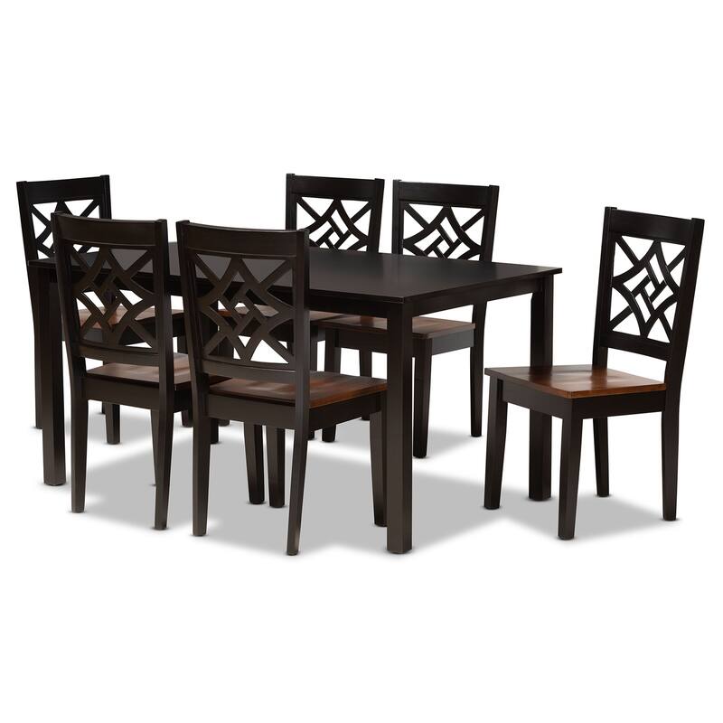 7-Piece Dining Set - Modern Wood Table & Chairs - Dark Brown & Walnut Finish