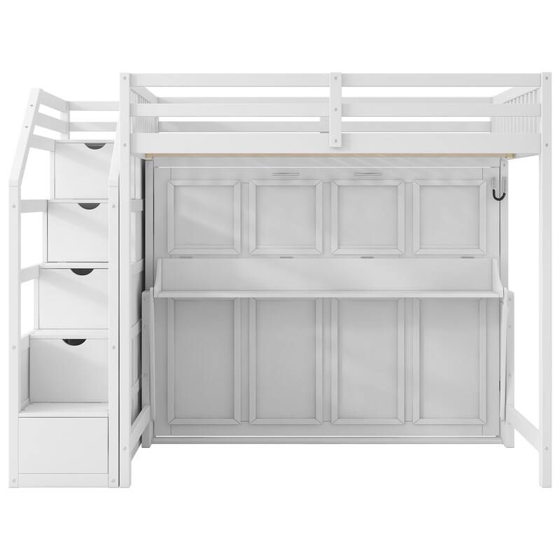Full XL Loft Bed with Built-In Storage Staircase & Murphy Bed – Space-Saving Design with LED Lighting in White Finish