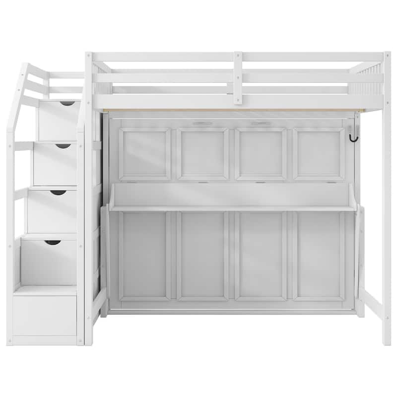 Full XL Loft Bed with Storage Staircase, Murphy Bed, Desk, and LED Light in White
