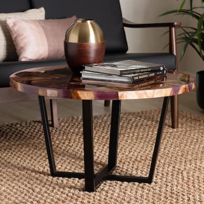 Apio Round Wood Epoxy Resin Coffee Table - Handcrafted Live Edge Teak Wood Accent Table with Black Metal Base, Modern Rustic
