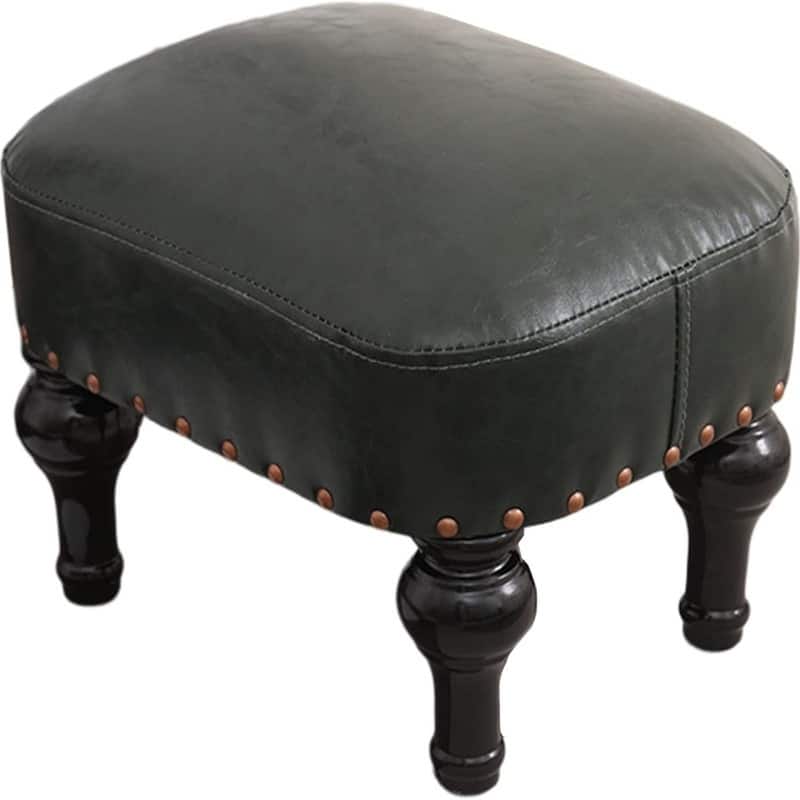 Leather Footrest Wood Ottoman (DEEP Green)