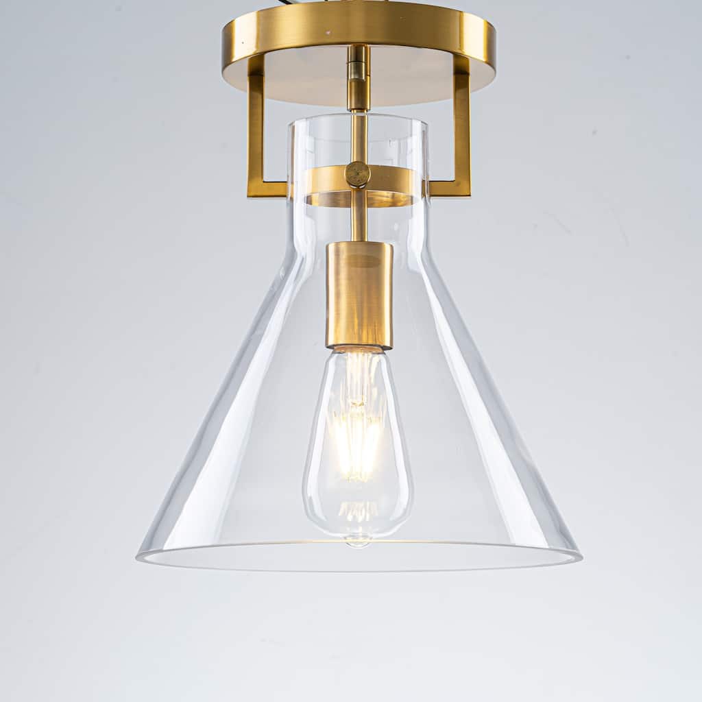 9.8" 1-Light Mid-Century Modern Brushed Brass Semi-Flush Mount Ceiling Light with Clear Cone Glass Shade for Hallway or Bedroom