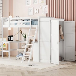 White Solid Pine Wood Loft Bed with Desk, Shelves, Wardrobe, and Guardrails