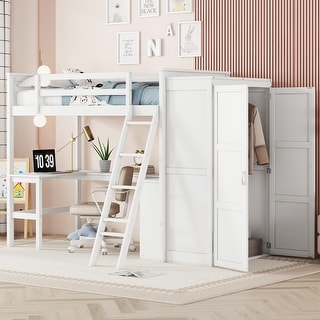 White Twin Solid Pine Loft Bed with Desk, Shelves, Wardrobe, Guardrails