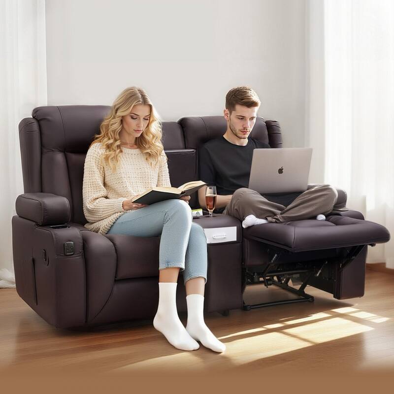 Brown PU Leather Manual Recliner Loveseat with High Back, Storage and Cup Holders - 65.5 x 36.2 x 40.9 in