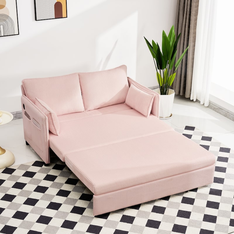 Roomfitters 55" Modern Corduroy Sofa Bed with Pull-out Sleeper Design, Modular Daybed with Storage Pocket & Pillows