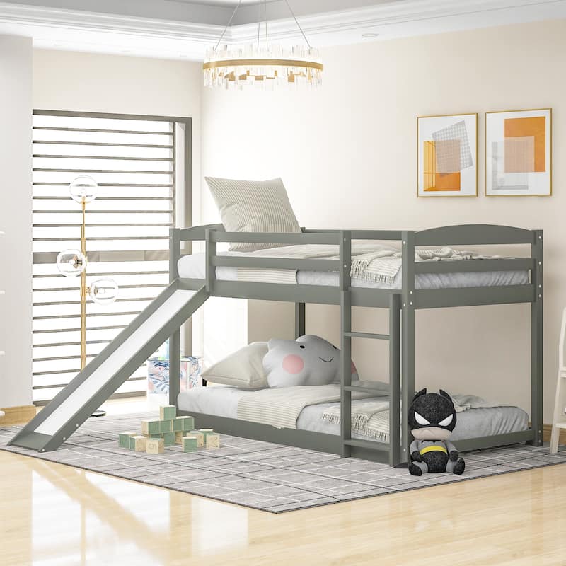 Twin over Twin Low Bunk Bed with Convertible Slide and Ladder, Twin Size Kids Floor Bunk Bed Frame, No Box Spring Needed