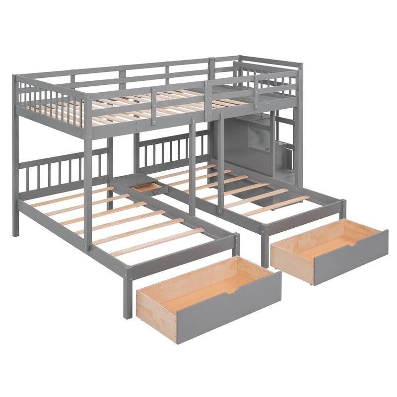 HomeRoots Gray Full Over Two Twins Solid Wood Bunk Bed With Stairs Drawers And Storage