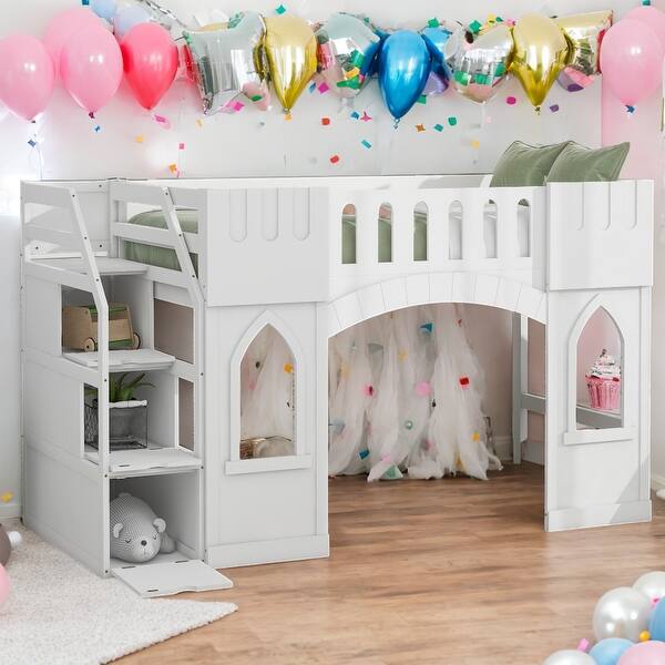 slide 2 of 18, Playful Design Twin Size Loft Bed with Built-in Storage Staircase and Window and Safety Guaranteed for Bedroom White