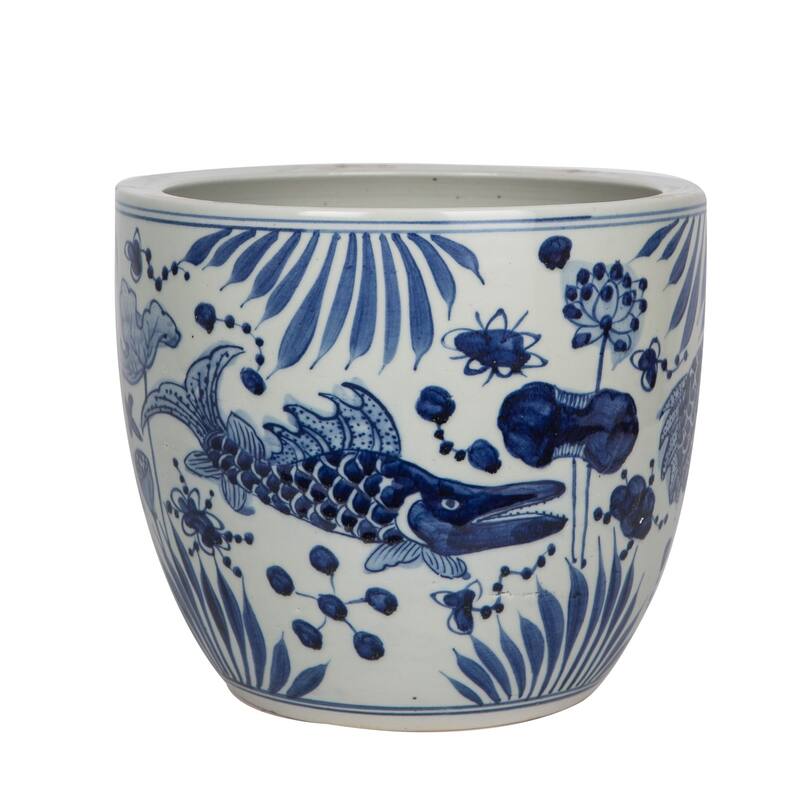 Blue And White Porcelain Planter Lotus Fish Motif