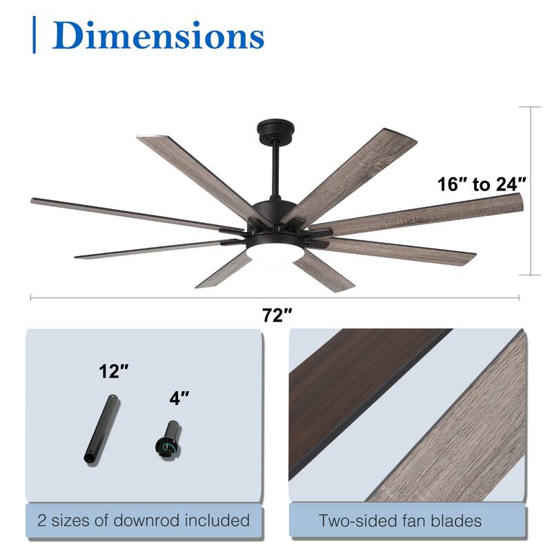CurveCurio 72" Large Farmhouse Ceiling Fan w/ Solid Wood Blades and LED Light Kit, Quite DC Motor 6 Speed w/ Remote Control