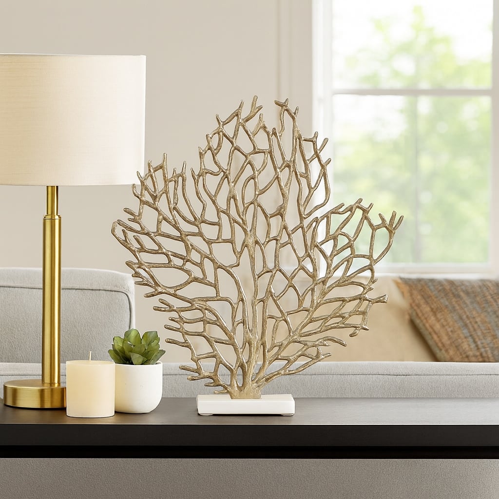 Metal Coral Branch On Marble Base Sculpture - Gold, 21"