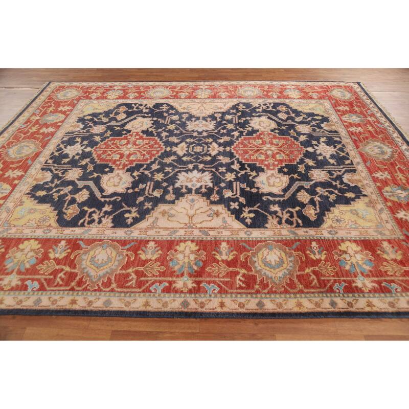 Navy Blue Orange Oushak Indian Area Rug Hand-Knotted Wool Carpet - 8'1" x 9'11"